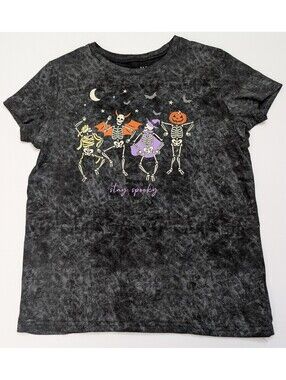 Wound Up Juniors XS Stay Spooky Halloween Skeleton Mineral Wash Graphic Tee